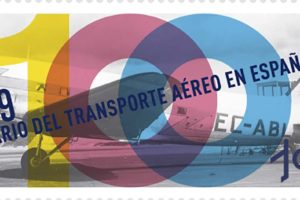 Sello de dedicado por Correos de España al centanario de la aviación comercial en Españ.