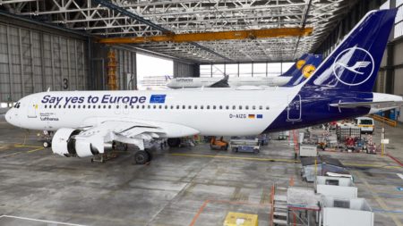 Lufthansa ha añadido tambien, junto a la bandera alemana en la matrícula, la de Europa.