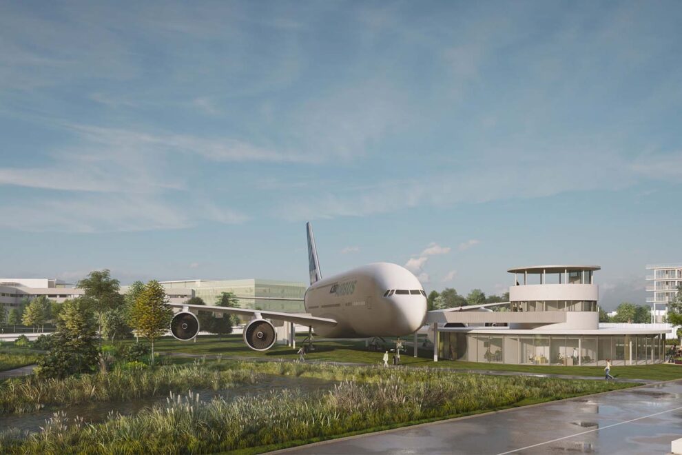 Aspecto que ofrecerá el hotel Envergure con su A380 y su restaurante y zona de recepción similar a una torre de control.