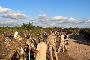 Militares del Ejército del Aire y del Espacio trabajando en Valencia en tareas de limpieza y apoyo a la población civil.