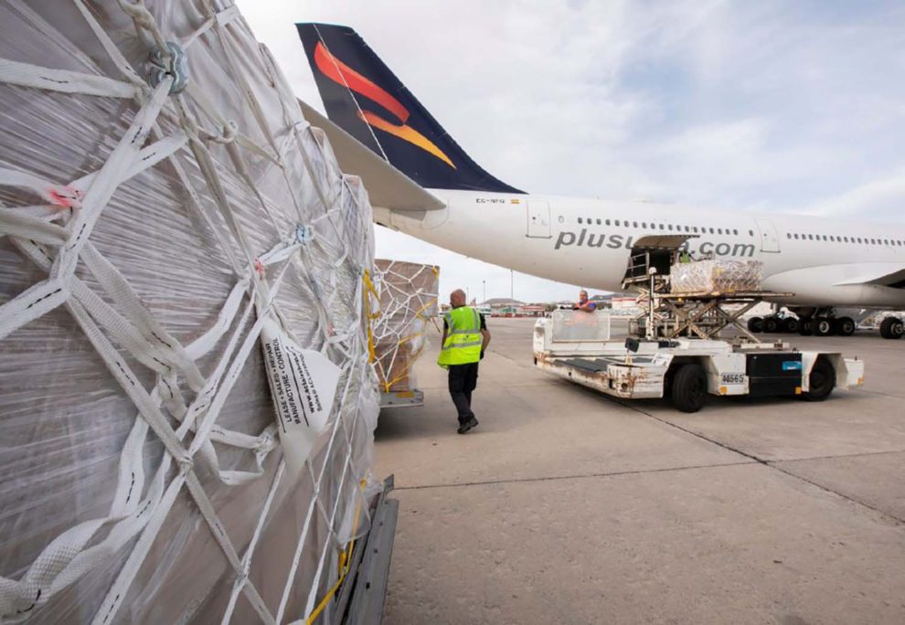 Descarga en Canarias de material sanitario de un A340 de Plus Ultra