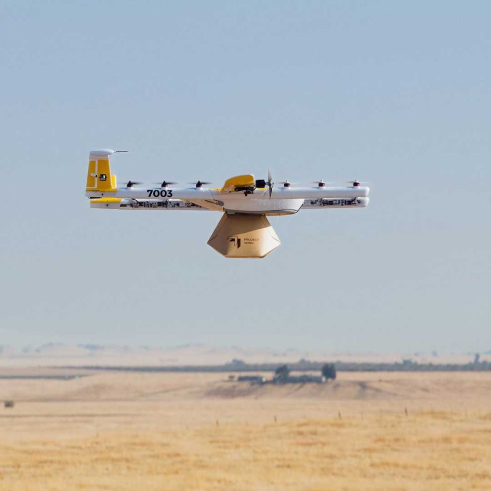 Modelo de drone usado popr Wing Aviation para sus pruebas de transporte de carga.