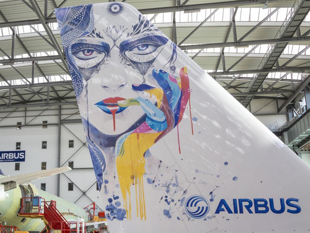 Ejemplo de pintura por impresión en una cola de Airbus A320